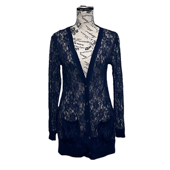Xhilaration Blue Lace Sheer Cardigan L | Y2K Longline Boyfriend Goth Grunge - Picture 2 of 11